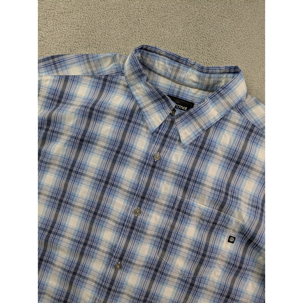 Marmot Mens XL Blue White Plaid Short Sleeve Button Up Hiking Shirt SCC-337